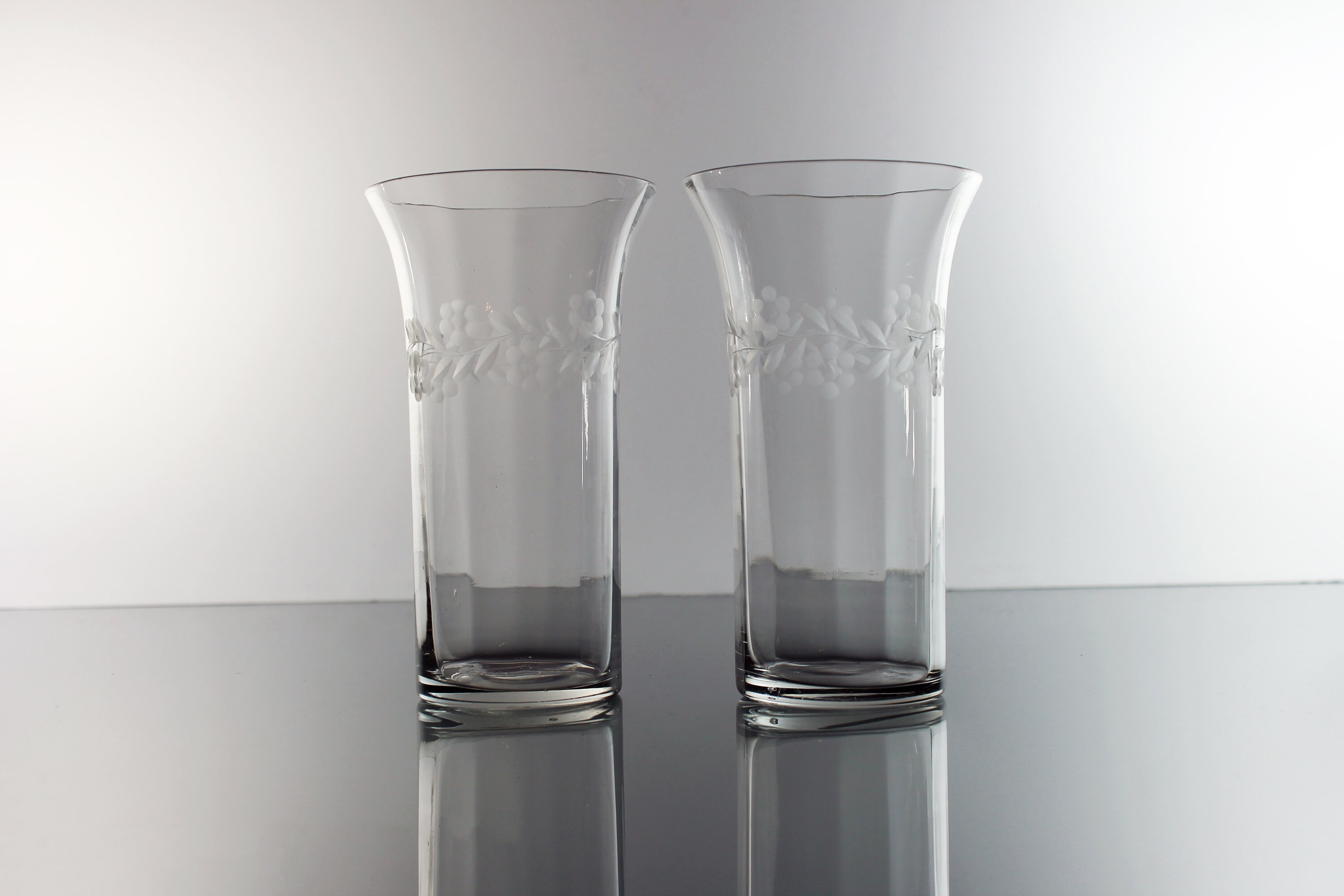 Etched Glass Tumblers, Paneled Optic, Drinking Glasses, Floral Pattern