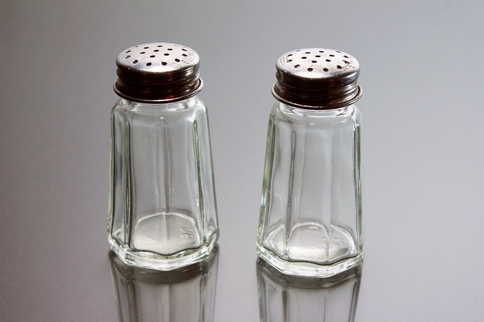 Octagon Salt and Pepper Shakers, Stainless Steel Tops, Clear Glass