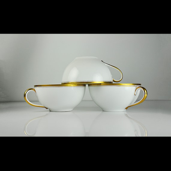 Antique J & C China Teacups - Jaeger and Co Ovid Bavaria, Set of 3 White and Gold Teacups (No Saucers), Circa 1912-1917