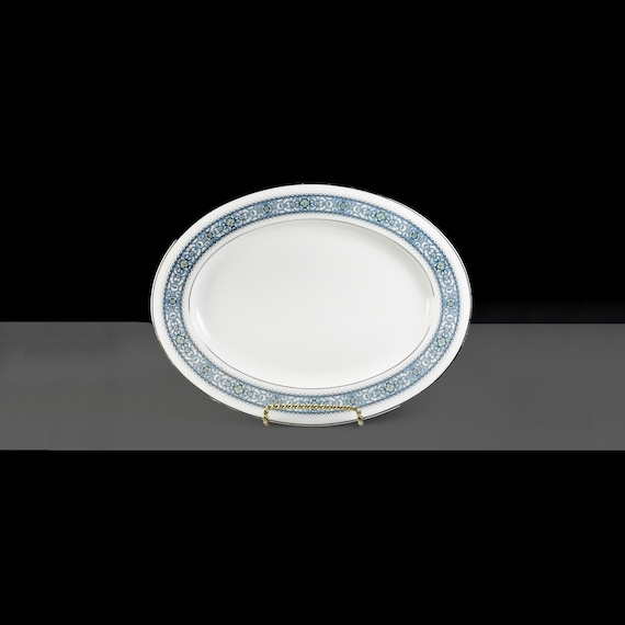 Noritake Larue Oval Platter - 11 Inch – White with Turquoise & Platinum Floral Border – Vintage Japan China