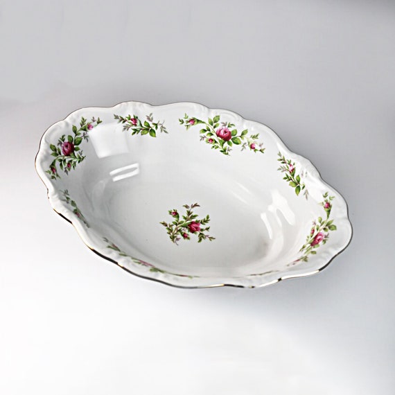 Oval Vegetable Bowl, Johann Haviland, Moss Rose, White China, Embossed, Gold Trim, 11 inch