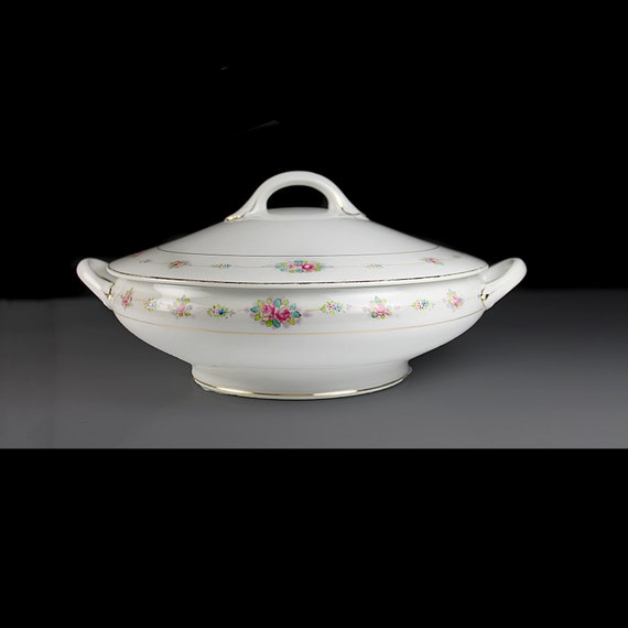 Antique Covered Vegetable Bowl, Noritake Nippon, N169, Floral Pattern, White, Covered Bowl, Bowl With Lid