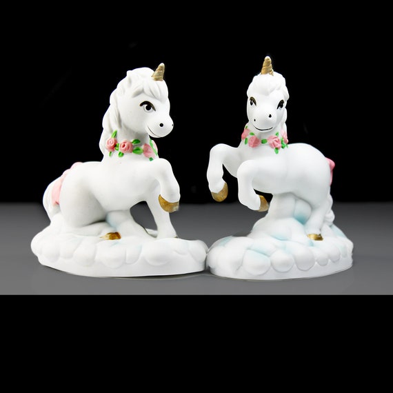 Porcelain Unicorn Figurines, Unicorns on Clouds, Set of Two, White Bisque Porcelain, Collectible, Fantasy Decor, Nursery Decor