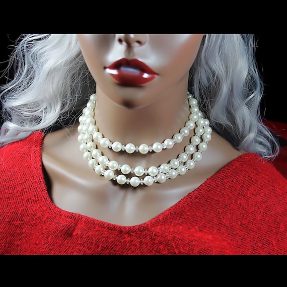Faux Pearl Choker Necklace, Triple Strand, Hook Clasp, White, Crystal Spacers, Costume Jewelry, Collectible, Wedding, Woman's Gift