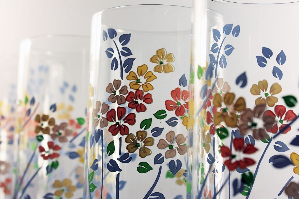 Everyday Drinking Glasses, 12 Ounce, Pink Blue Green, Floral Pattern