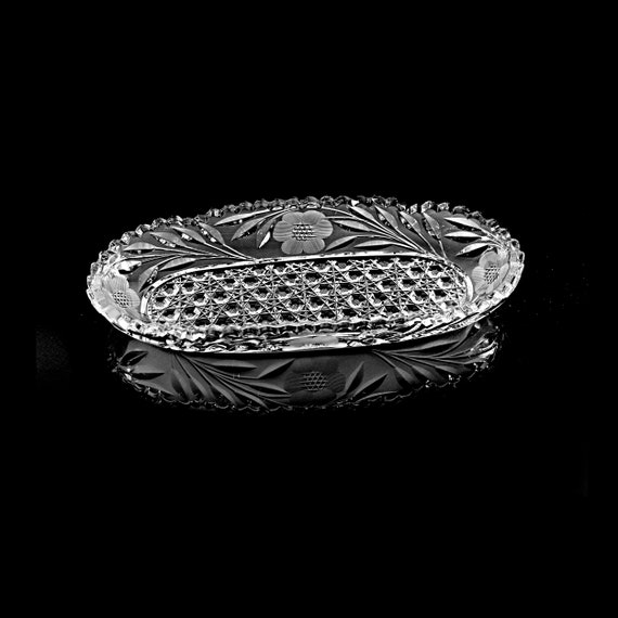 Crystal Relish Bowl, Oval Wheel Cut Floral, Celery Bowl, Pickle Dish