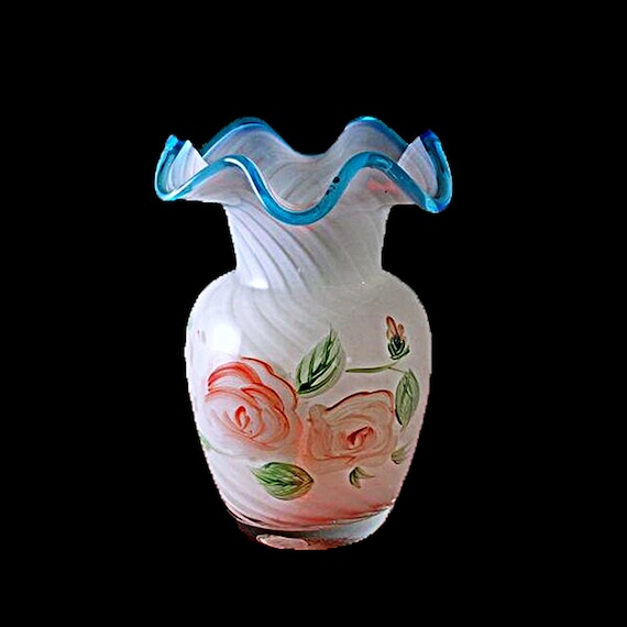 Ruffled Vase, Cased Swirl Glass, Floral Roses, 6 Inch Vase, White and Blue, Art Vase