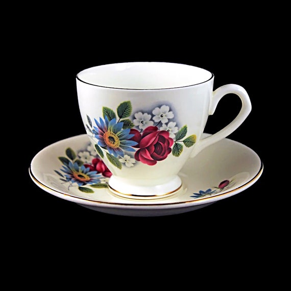 Footed Teacup and Saucer, Taylor & Kent, Elizabethan, Fine Bone China, Red and Blue Floral, Made in England, Gold Trimmed