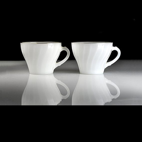Anchor Hocking Fire King Swirl Milk Glass Cups, Set of 2, White Glass Gold Trim
