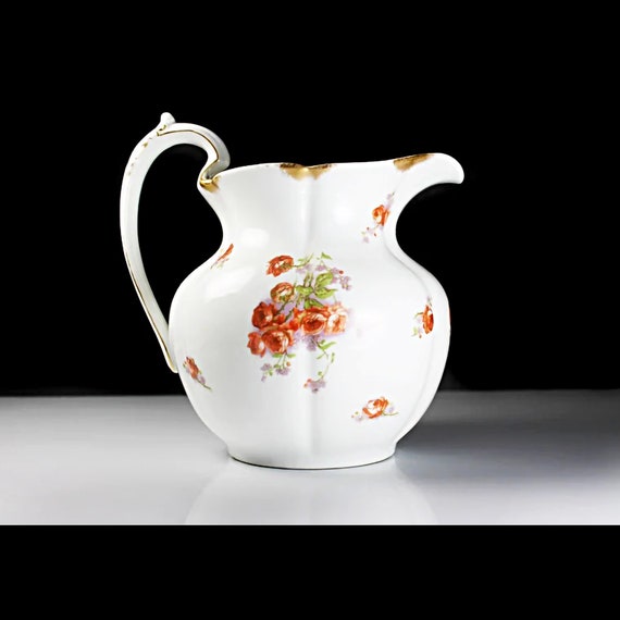 Antique Pitcher, T&V Limoges, France, Tressemanes and Vogt, Orange Roses, Jug, Water Pitcher, 6 Cups