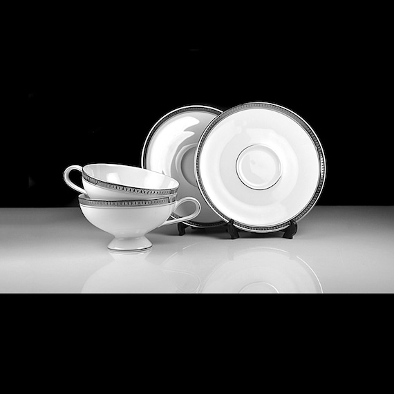 Continental China Duchess Cups and Saucers, Rosenthal Germany, Platinum Trim, Set of Two