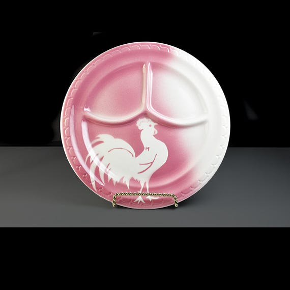 Syracuse China Pink Rooster Grill Plate – 1948 Econo-Rim Divided Dinner Plate – Heavy Restaurant Ware