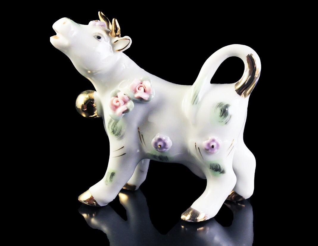 Cow Figurine, Porcelain, Raised Flowers, White, Gold Trim