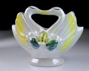 Kissing Swan Planter, Yellow Lusterware, Raised Rose, Double Swans, Figurine, Porcelain, Collectible