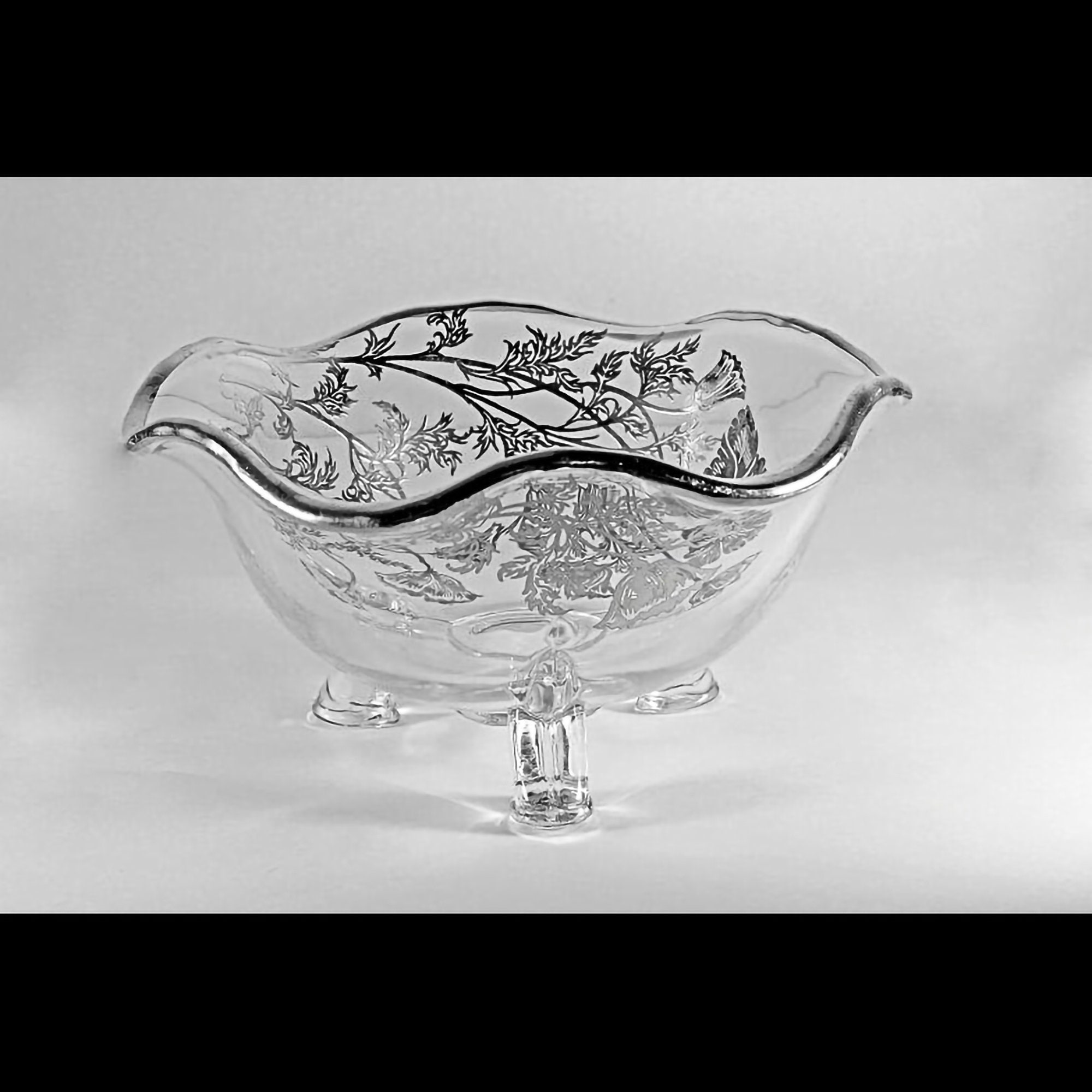 Flower and Leaf Silver Overlay Black Glass Octagonal Footed Bowl