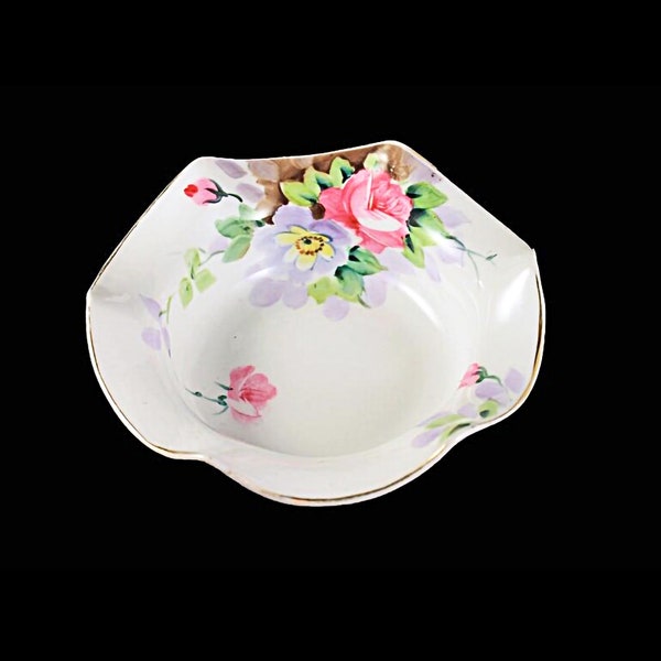 Antique Porcelain Nippon Bowl, Rising Sun Mark,  Hand Painted Floral Pattern, Flared Edges, Gold Trim