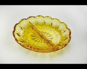 Oval Divided Relish Tray, Anchor Hocking Fairfield Amber Yellow Glass, 7 Inch