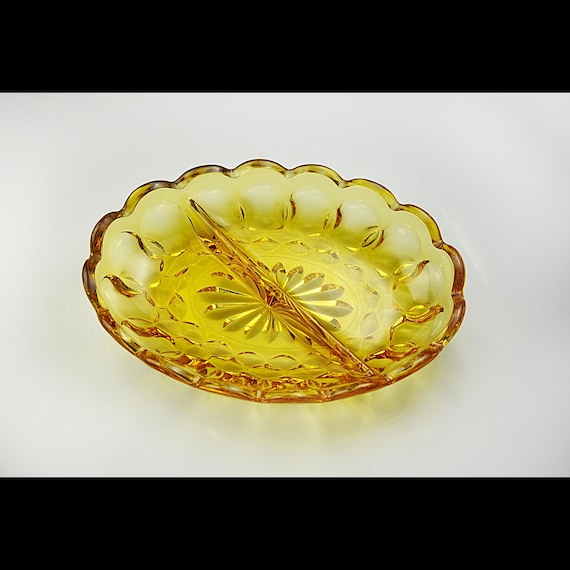 Oval Divided Relish Tray, Anchor Hocking Fairfield Amber Yellow Glass, 7 Inch