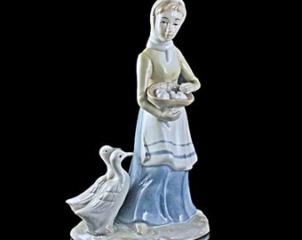 Imcor Figurine, Woman With Geese and Egg Basket, Lladro Style, Tall figurine, Porcelain Figurine