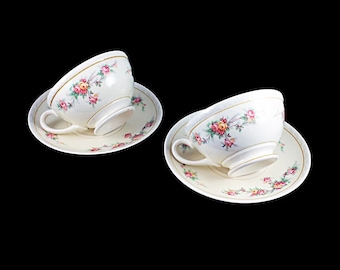 Cups and Saucers, Homer Laughlin, Countess, Georgian, Set of 2, Floral Pattern, Fine China