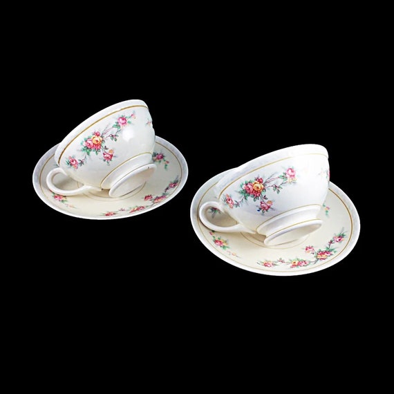 Cups and Saucers, Homer Laughlin, Countess, Georgian, Set of 2, Floral Pattern, Fine China