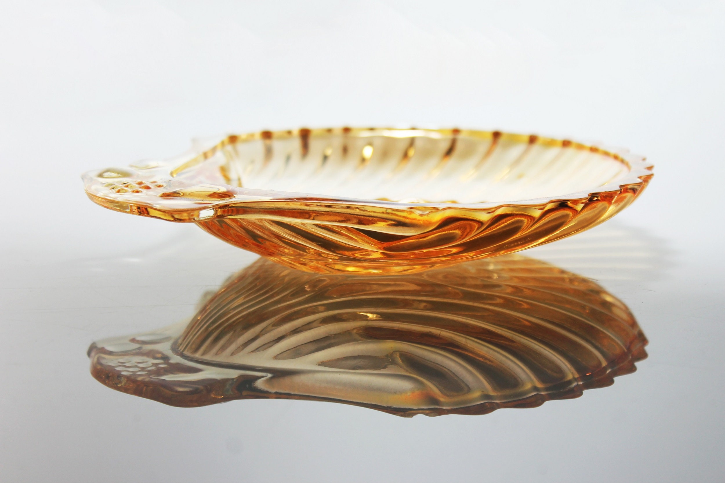 Shell Dish Iridescent Marigold, Carnival Glass, Trinket Bowl, Amber