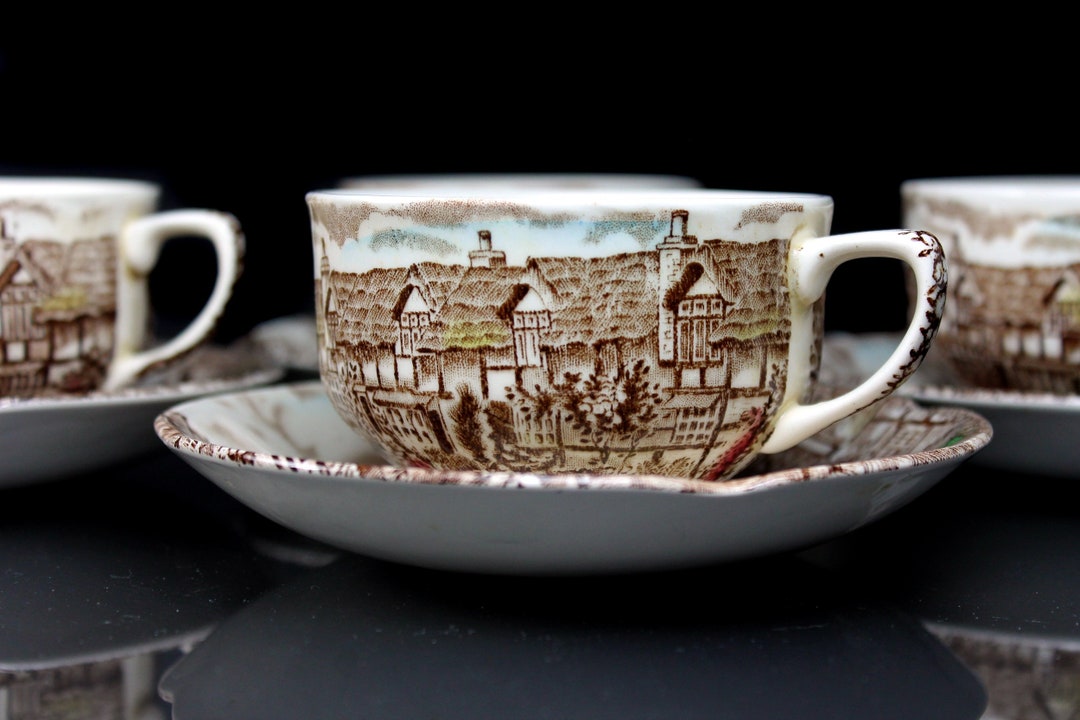Johnson Bros Cups and Saucers, Olde English Countryside, Set of 4