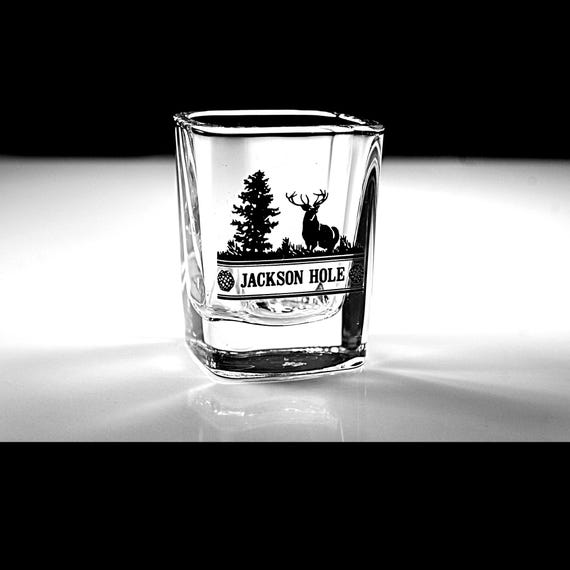 Vintage Jackson Hole Wyoming Shot Glass, Square Elk Pine Tree Souvenir, Barware Collectible