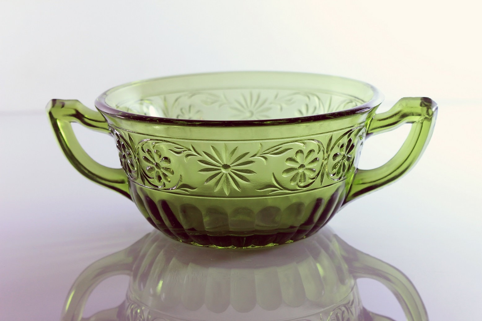 Cream Soup Bowl, Indiana Glass, Daisy Green, Handled Bowl, Pressed
