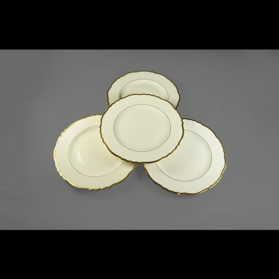 Syracuse China Brantley Salad Plates – Set of 4 - Old Ivory with Gold Trim – 8 Inch – Made in USA 1949–1967