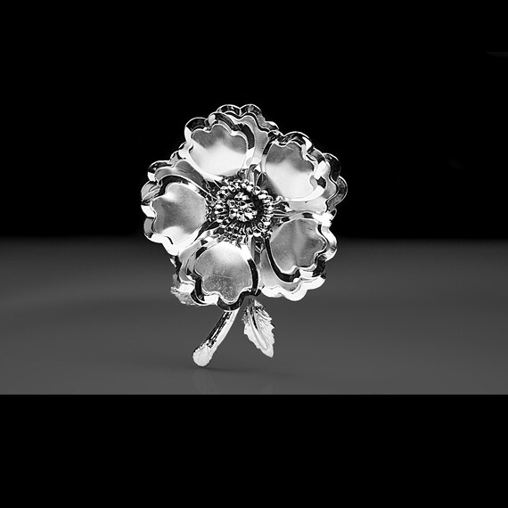 Bugbee and Niles Brushed Silver-Tone Flower Brooch | Large 1950s Floral Pin | Bold Mid-Century Costume Jewelry