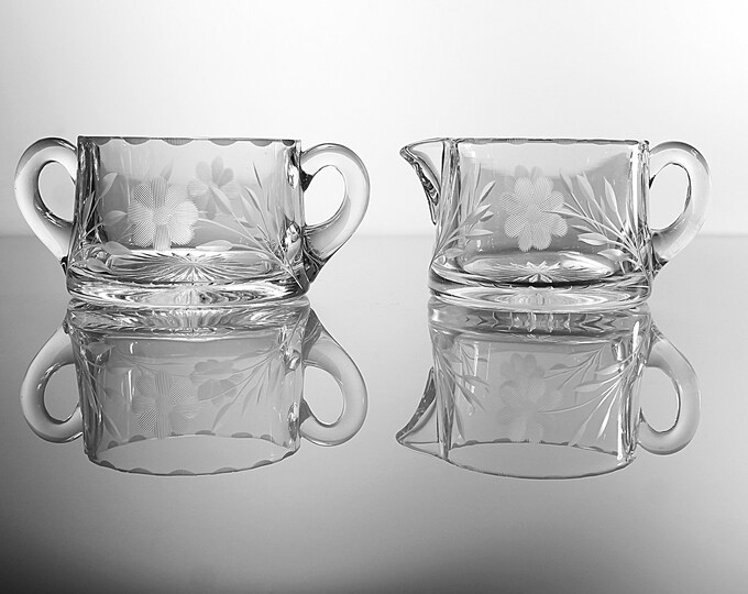 Antique Sugar Bowl and Creamer, American Brilliant, Wheel Cut, Floral
