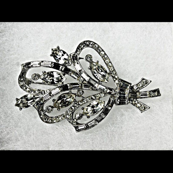 Floral Spray Brooch, Clear Rhinestones, Silver Tone, Fashion Pin, Costume Jewelry, Collectible