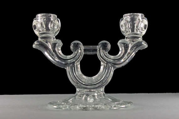 Double Light Candlestick, Sterling Crystal, Classique-Clear, Thumbprint, Oval and Dot Design, Clear Pressed Glass, 2  White Candles Included