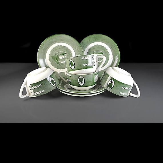 Royal China Colonial Homestead Green Cups and Saucers, Set of 4, Vintage Farmhouse China, USA