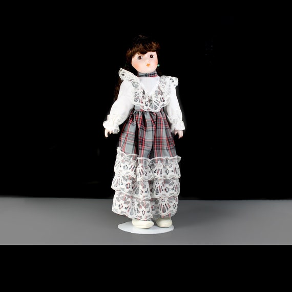 Porcelain Doll, Plaid Dress with Lace Trim, Display Doll, Stand Included, 16 Inch Doll