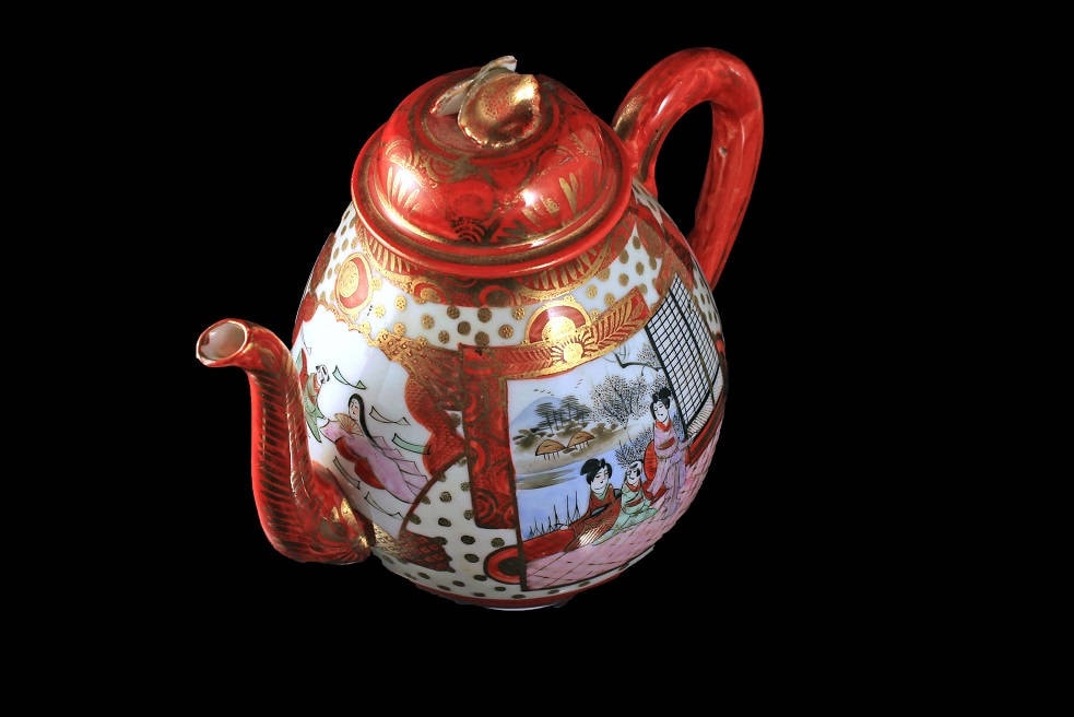 Japanese Teapot, Hand Painted, Suzuki Company, Footed, Red and White