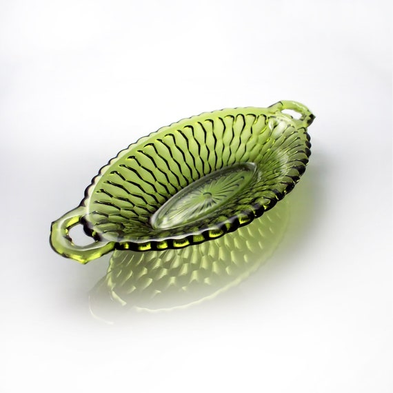 Oval Pickle Bowl, Indiana Glass, Honeycomb Green, Handled Bowl, Pressed Glass, Serving Bowl, Relish Dish