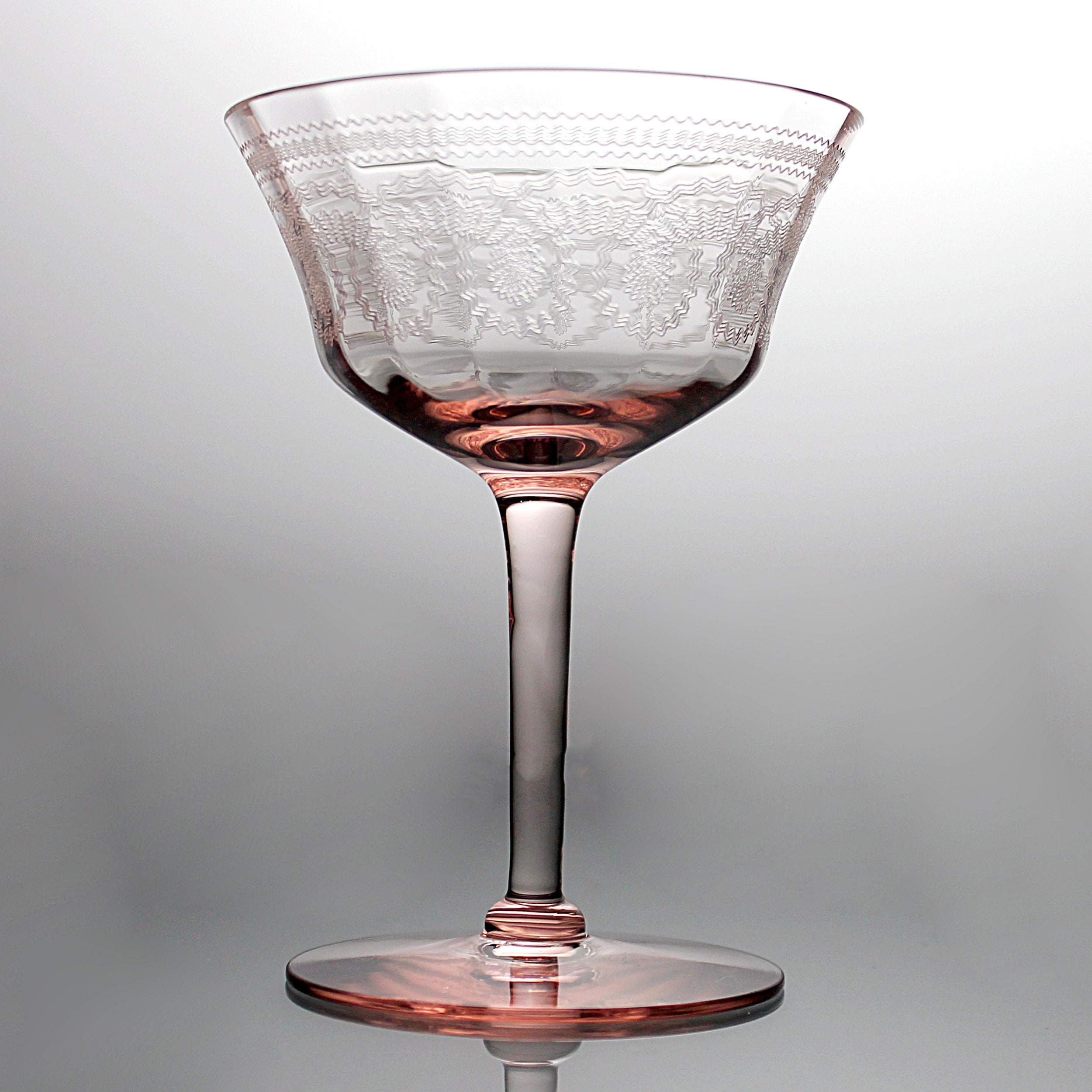 Etched Champagne Glass, Pink Glassware, Tall Sherbet Glass