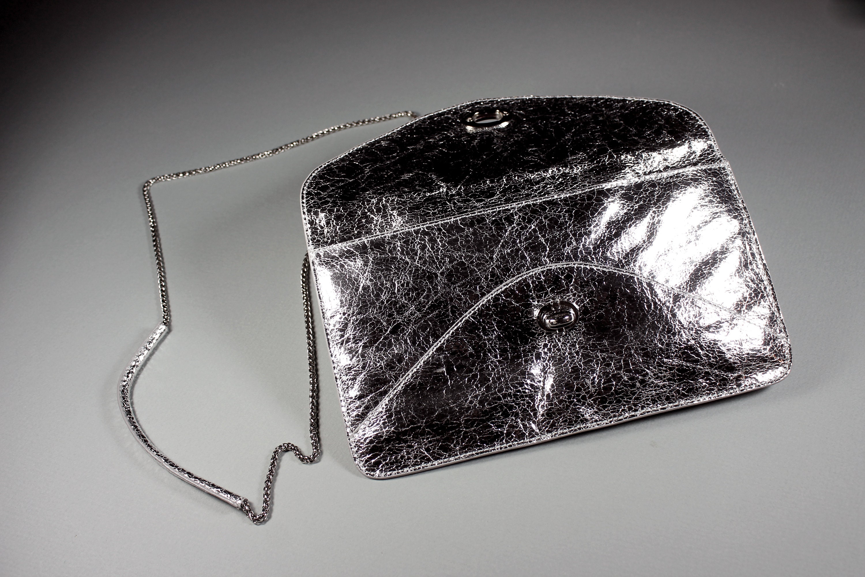 Silver Evening Handbag, Sorial New York, Vegan Leather, Silver Metallic, Clutch Purse, Cross