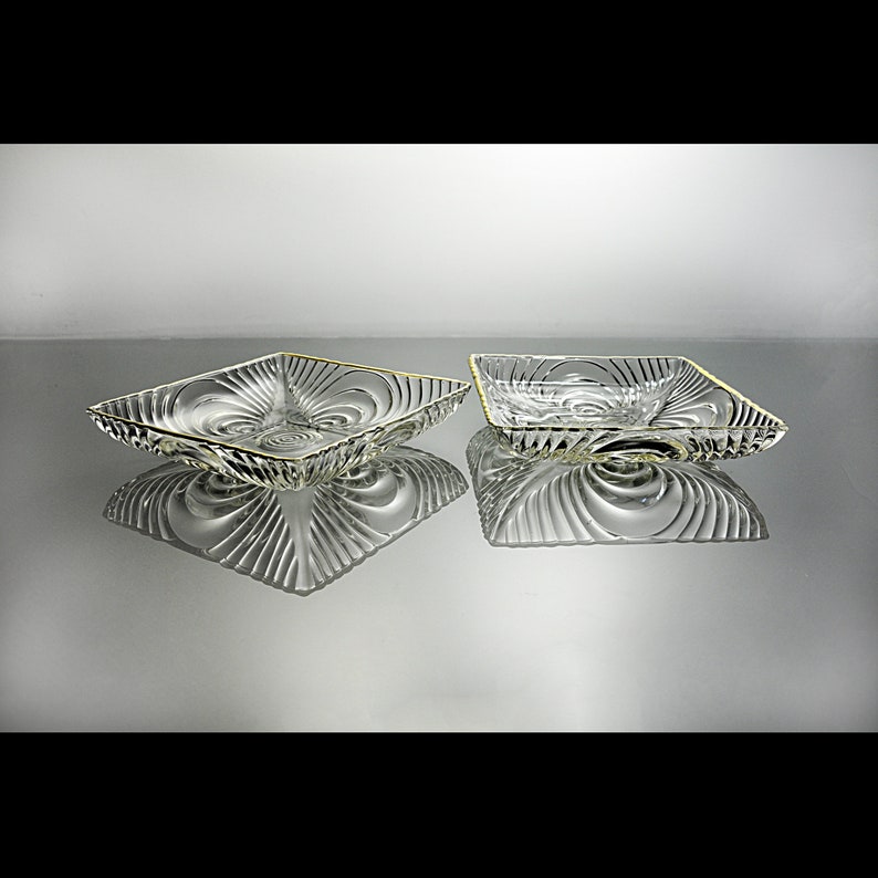 Fyrkantiga öppna godisskålar, Hazel Atlas, Art Deco-design, Depressionsglas, Set om 2, Guldkant bild 6