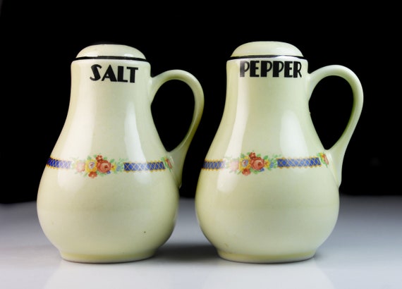 Salt and Pepper Shakers, Halls Kitchenware, Blue Bouquet Platinum, Made in the USA, Light Yellow, Discontinued