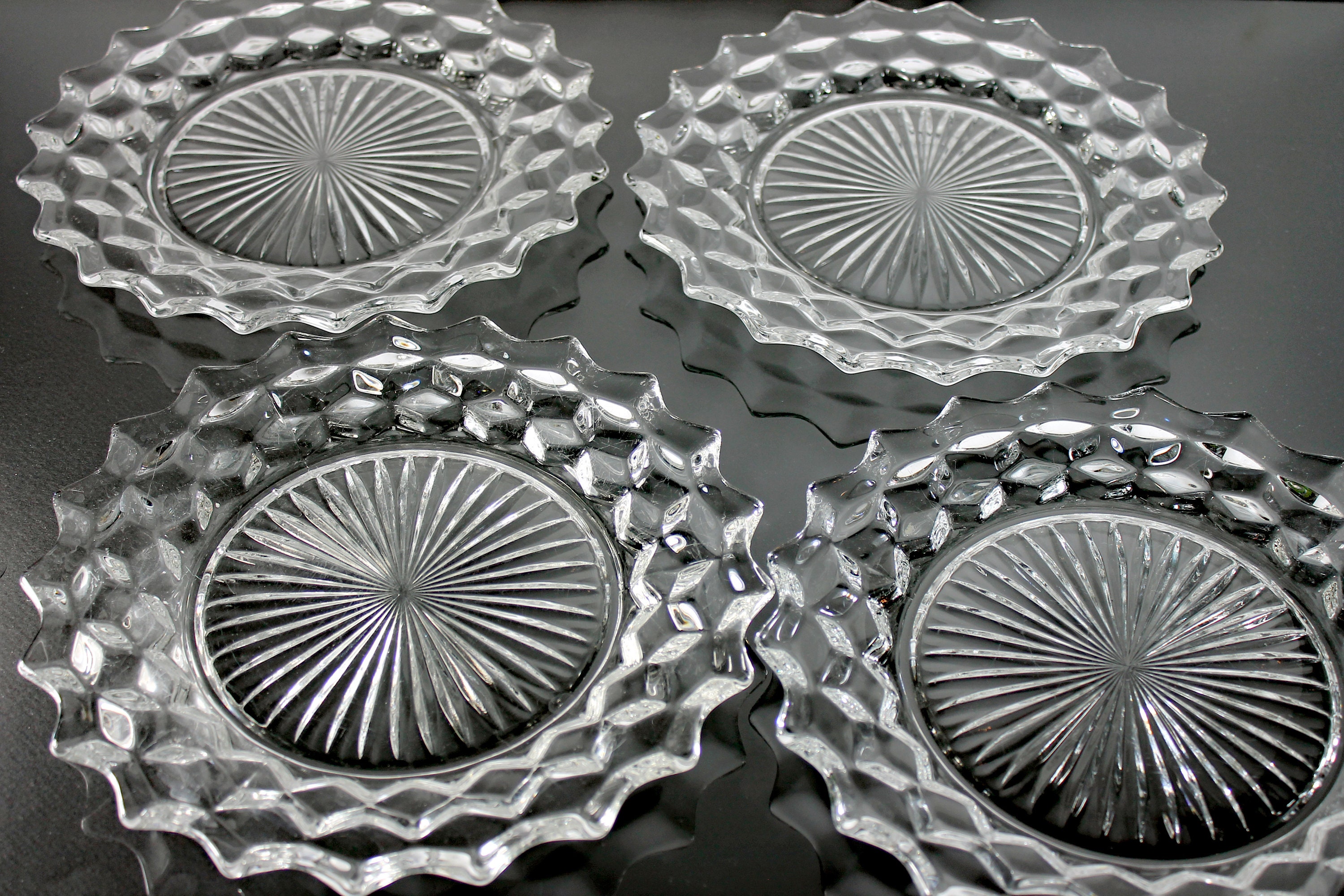 Dinner Plates, Fostoria, American, Set of 4, Clear Glass, Cube Design