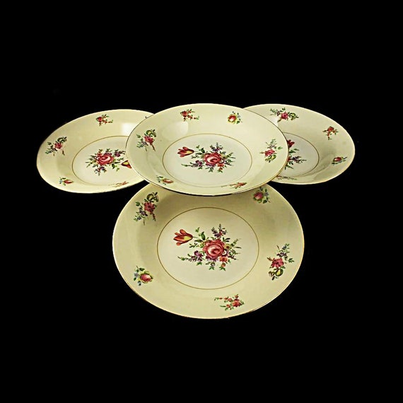 Soup Bowl, Household Institute, Priscilla Pattern, Set of 4, Homer Laughlin, Rose Pattern, Gold Trim