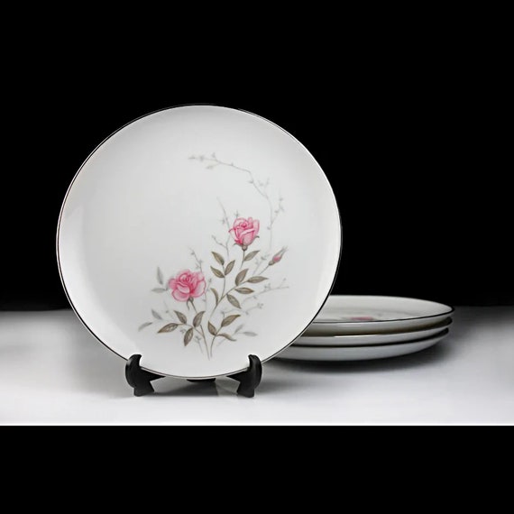 Bread and Butter Plates, Towne China, Roselle, Pink Roses and Gray Leaves, Set of 4, Fine China