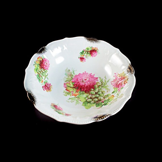 Vegetable Bowl, Pink Floral, Gold Trimmed, 10 Inch, Serving Bowl, Embossed, Centerpiece, Decorative, Fruit Bowl, Porcelain