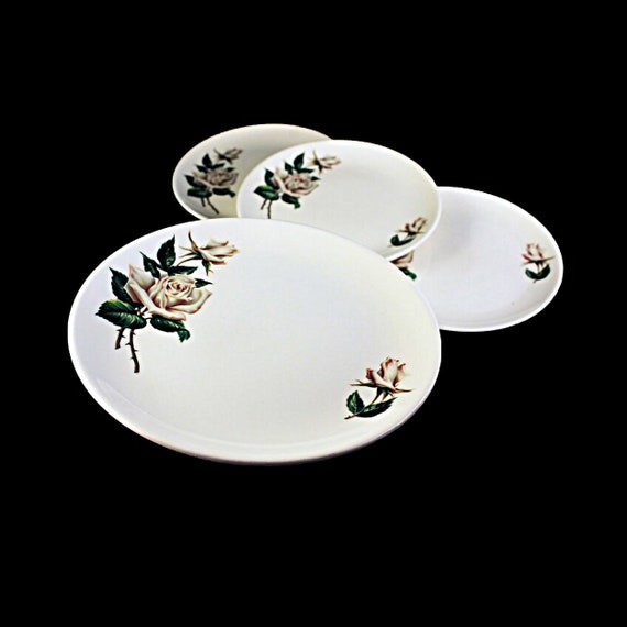 Universal Pottery, Bread and Butter Plates, Ballerina,  White Rose Pattern, Made in USA, Porcelain, Set of 4