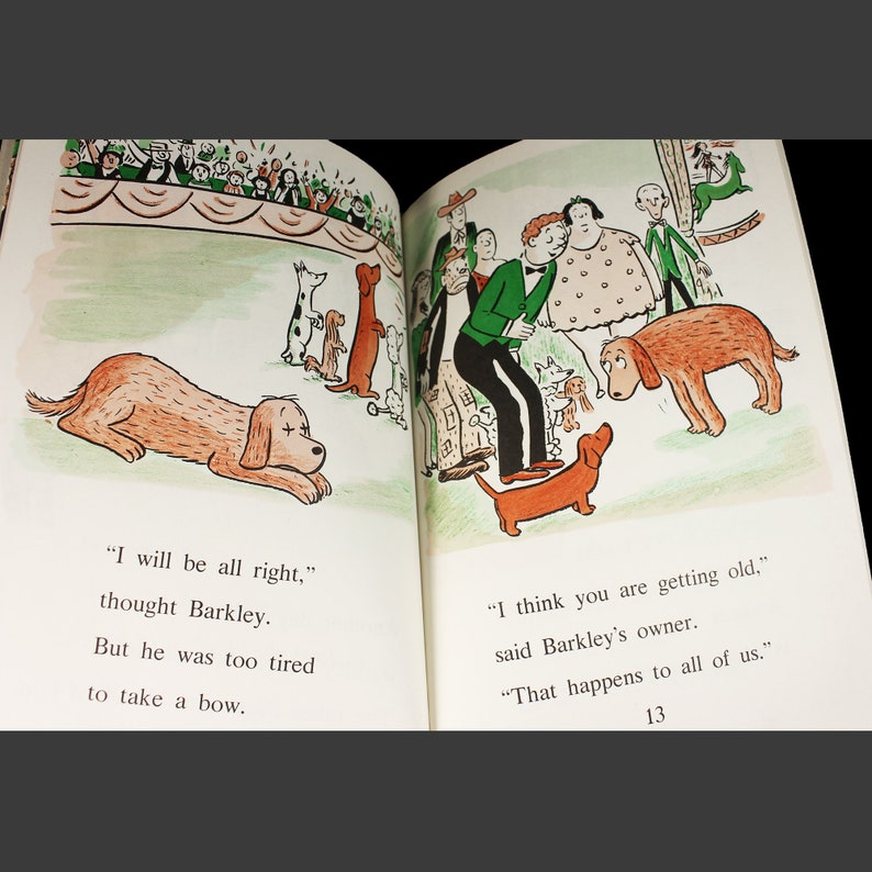 May include: A brown dog lies on the ground with its head resting on its paws. The dog is surrounded by other dogs and people. The text in the image reads, "I will be all right," thought Barkley. But he was too tired to take a bow. "I think you are getting old," said Barkley's owner. "That happens to all of us." 13