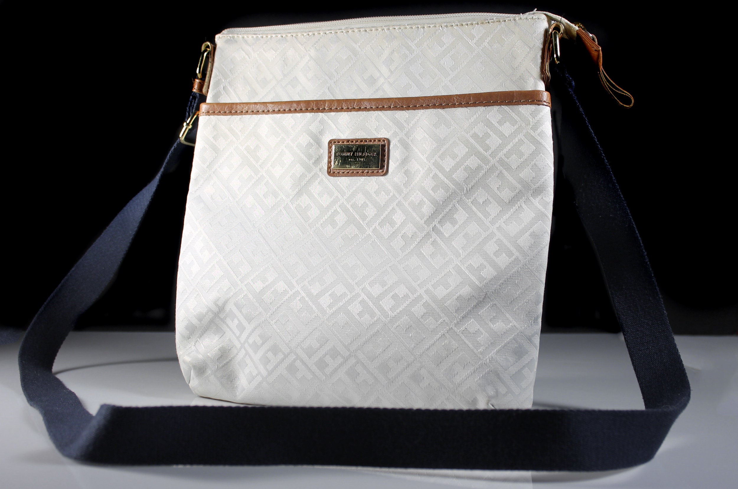 Messenger Bag, Tommy Hilfiger, Crossbody Bag, Beige, Blue Strap, Brown