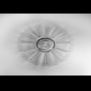Pu&ograve; includere: Un piatto in vetro trasparente con un bordo ondulato e un motivo decorativo di linee radianti. Il piatto ha un pozzetto centrale.